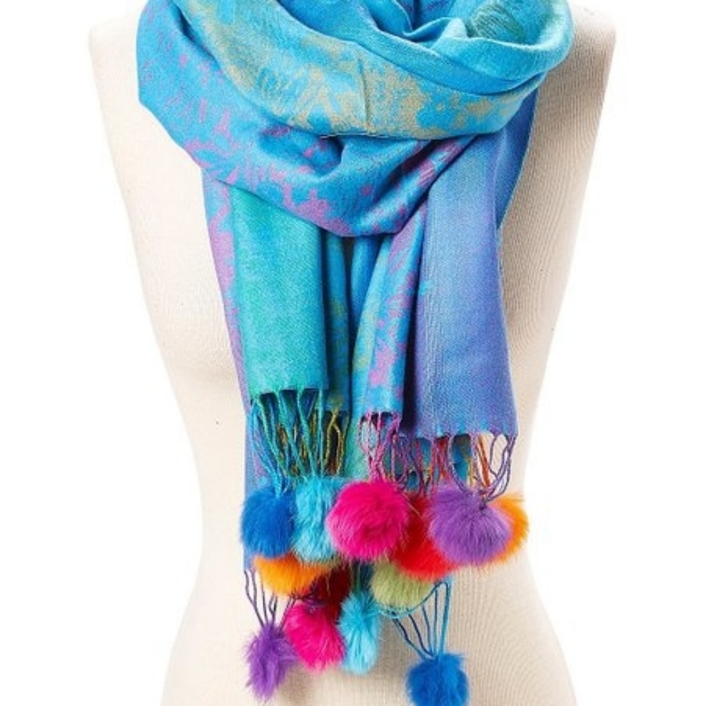 ITALMODE Turquoise Pom-Pom Accent Scarf